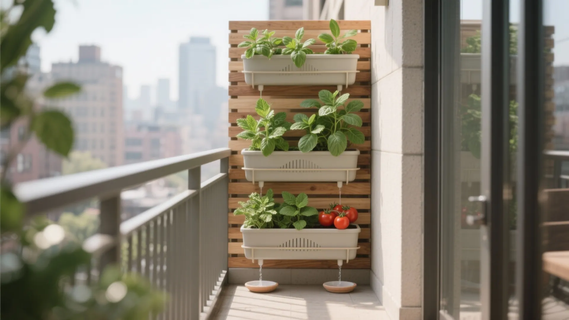 Cedar slat green wall with modular herb planters on a narrow balcony.