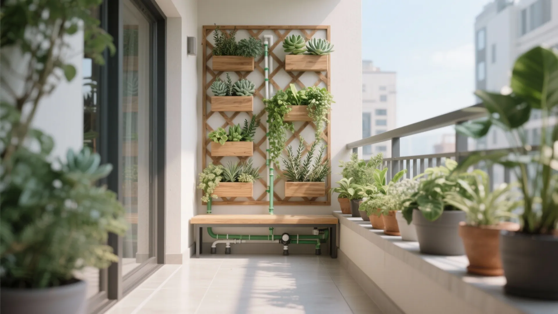 Small balcony with a modular trellis green wall and neat drip irrigation keeping the floor open.