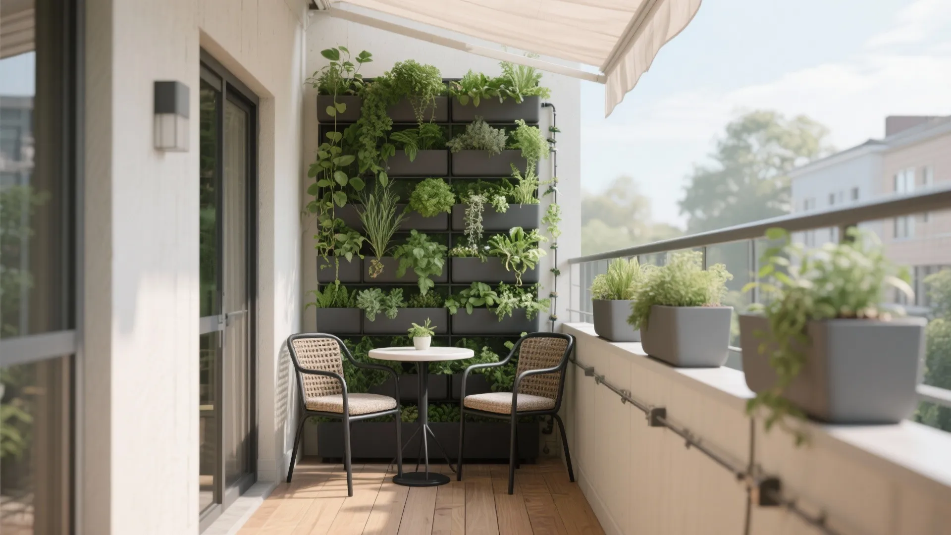 Narrow balcony with a vertical green wall, foldable bistro chairs, and a small round table.