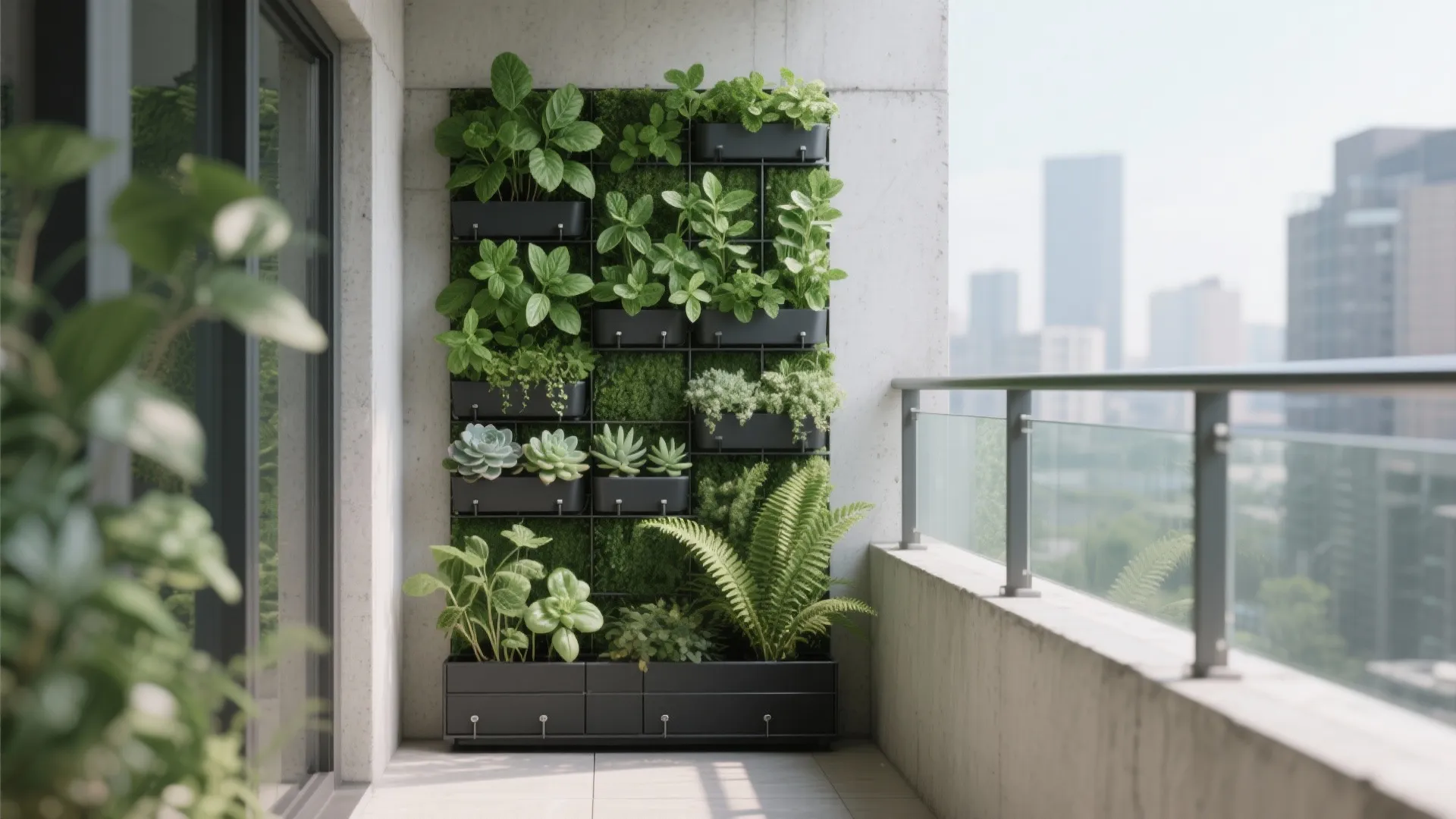 Green wall of plants in black pots on a balcony with a city view background