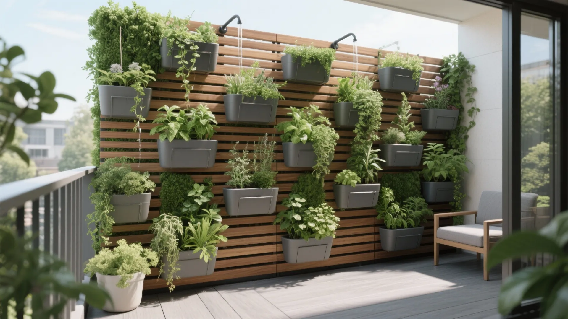 Vertical garden on balcony with wooden wall panel holding many small grey pots and plants