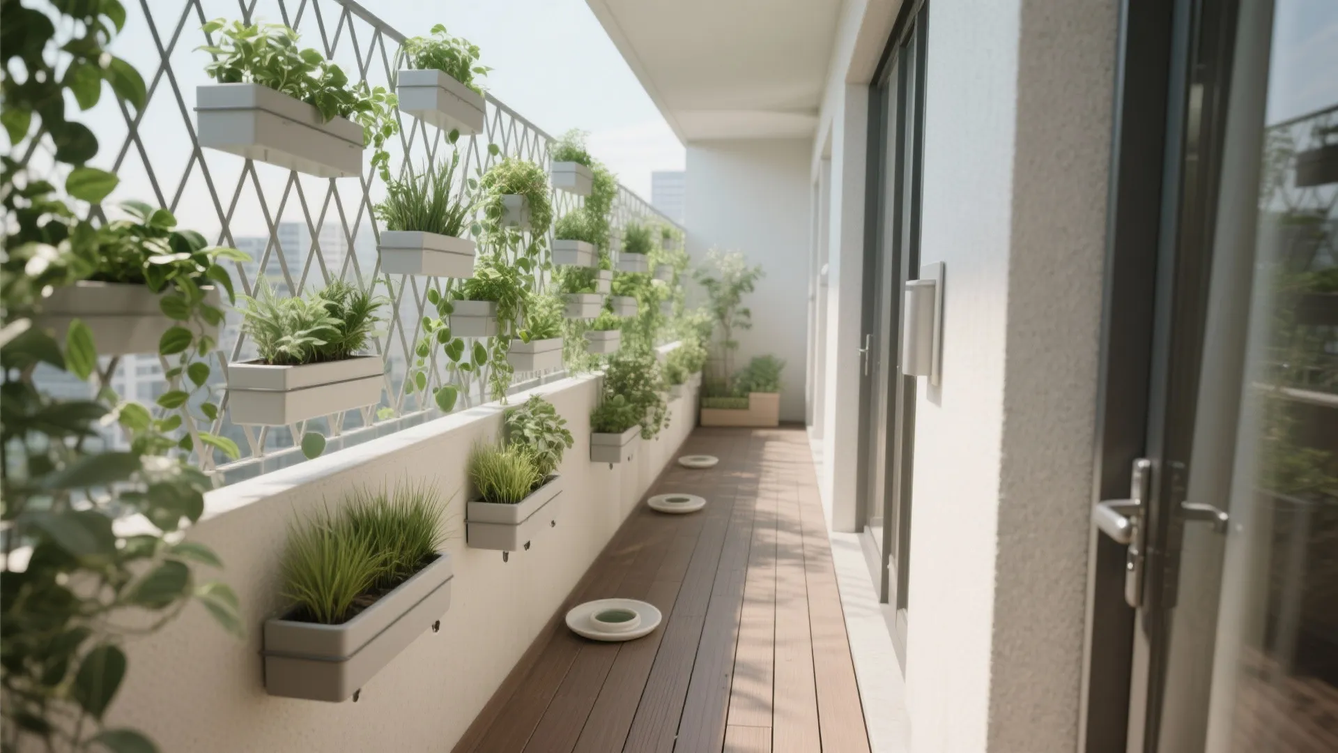 Modern balcony featuring a vertical green wall with many small white plant pots and floor