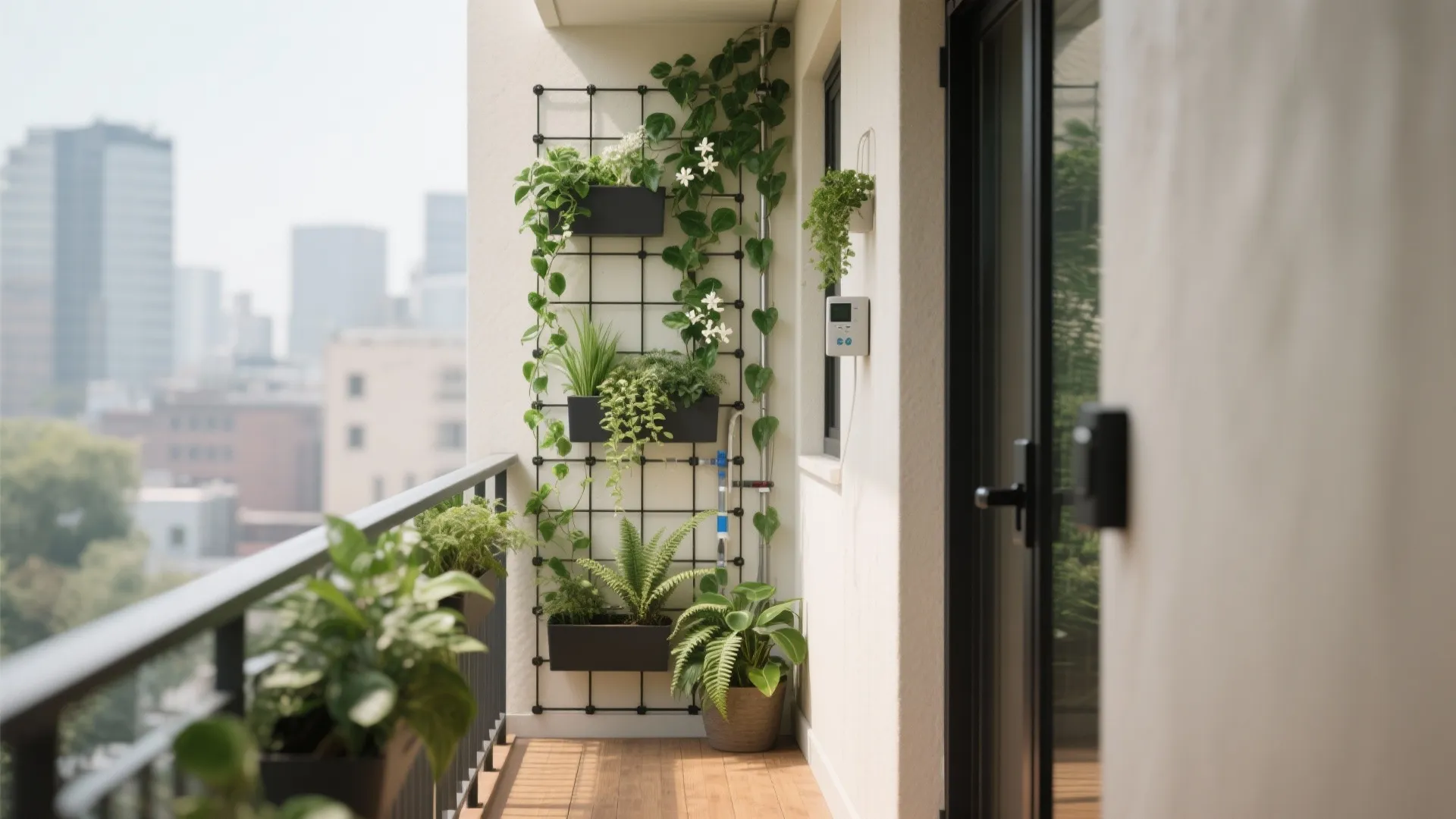 Micro balcony with modular trellis and lightweight planters forming a lush vertical green wall.