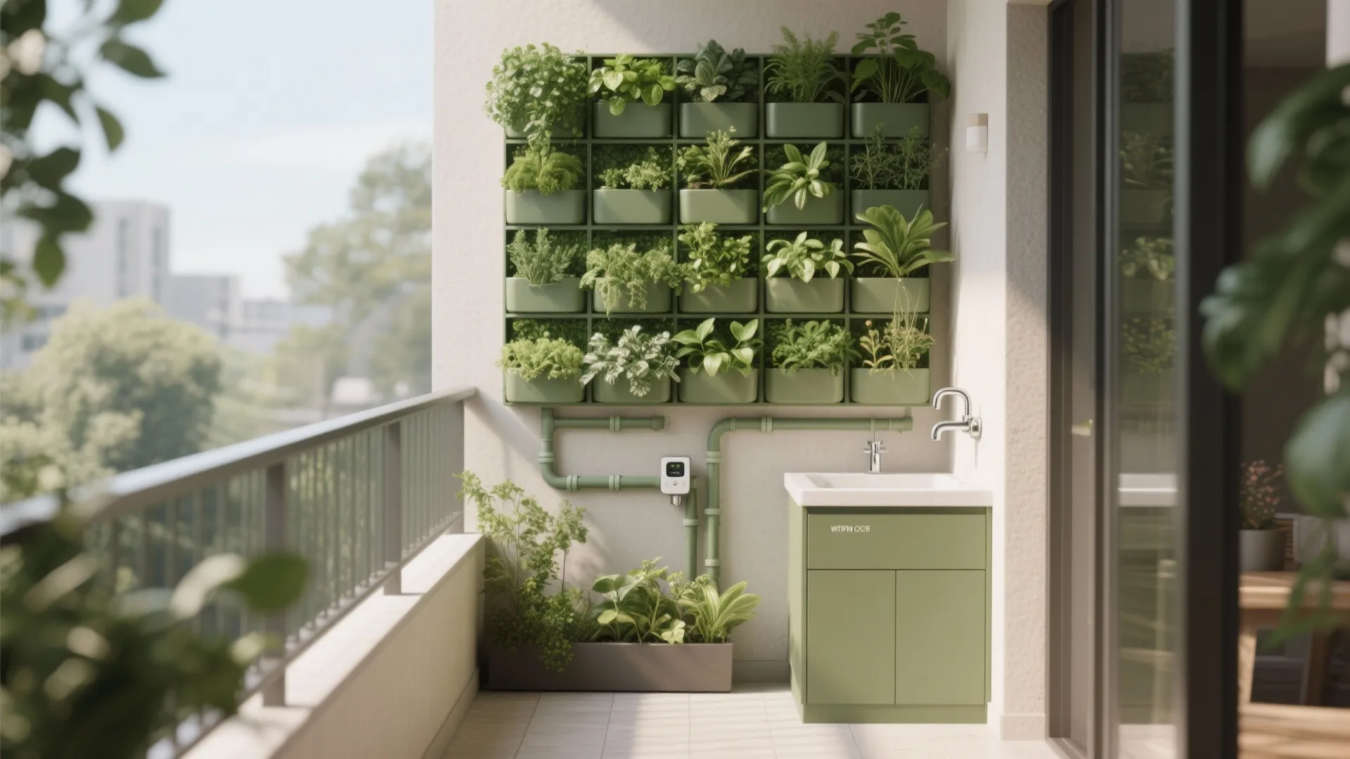 Balcony area with vertical garden wall green plants small sink cabinet and white floor tiles