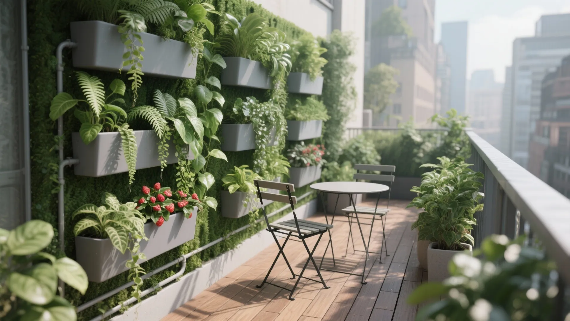 Narrow balcony featuring a stacked vertical planter wall with mixed trailing and fern textures.