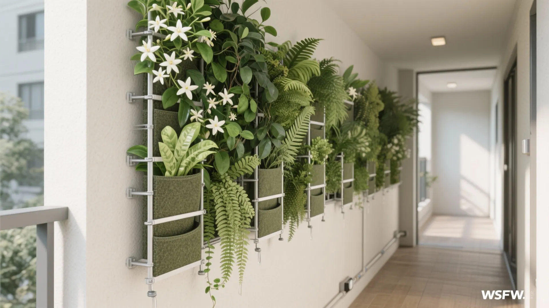 Vertical green wall with felt pocket planters on a narrow balcony saving floor space.