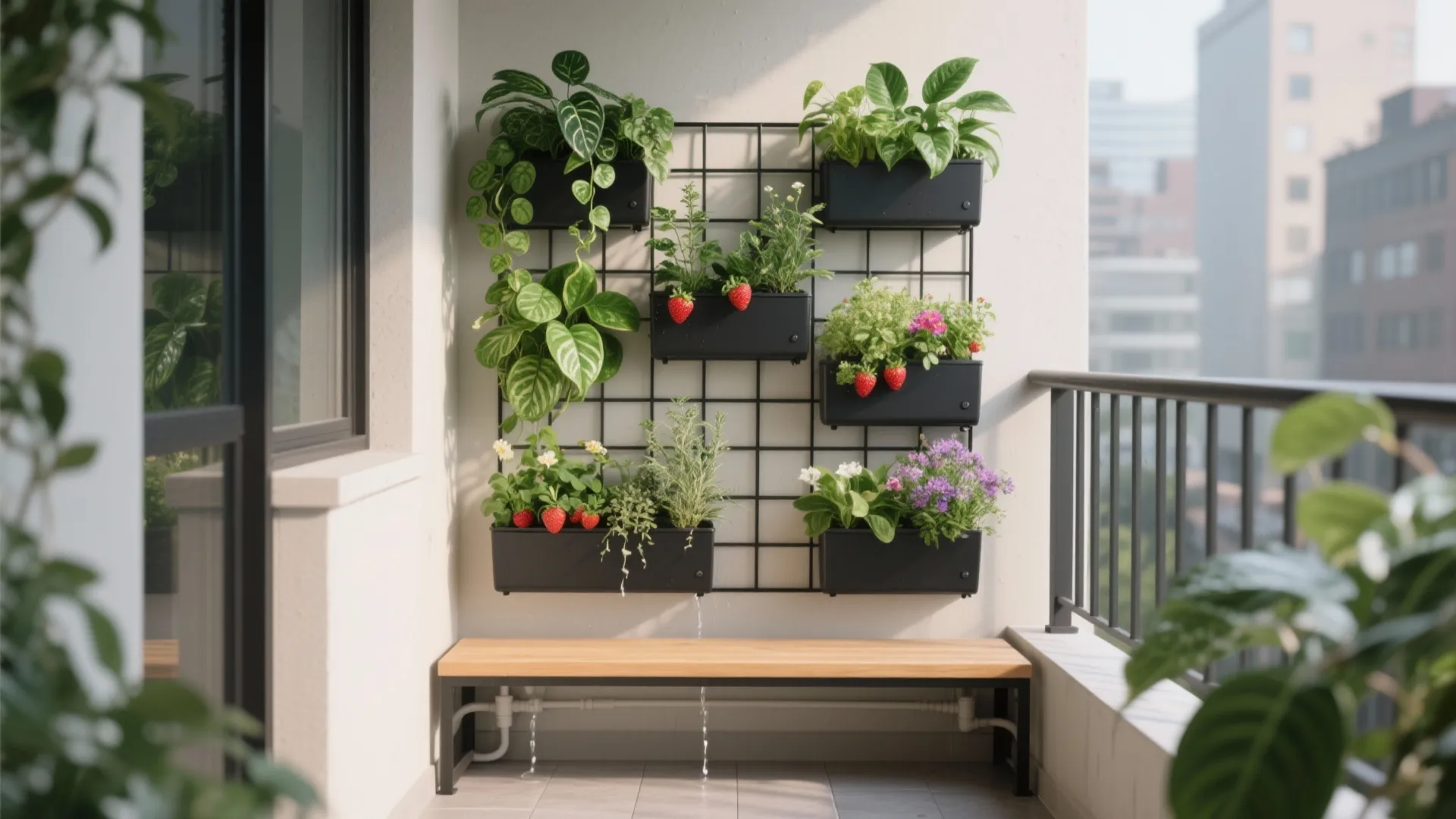 Modular planter green wall with herbs and ferns on a small balcony, floor-free design with a slim bench.