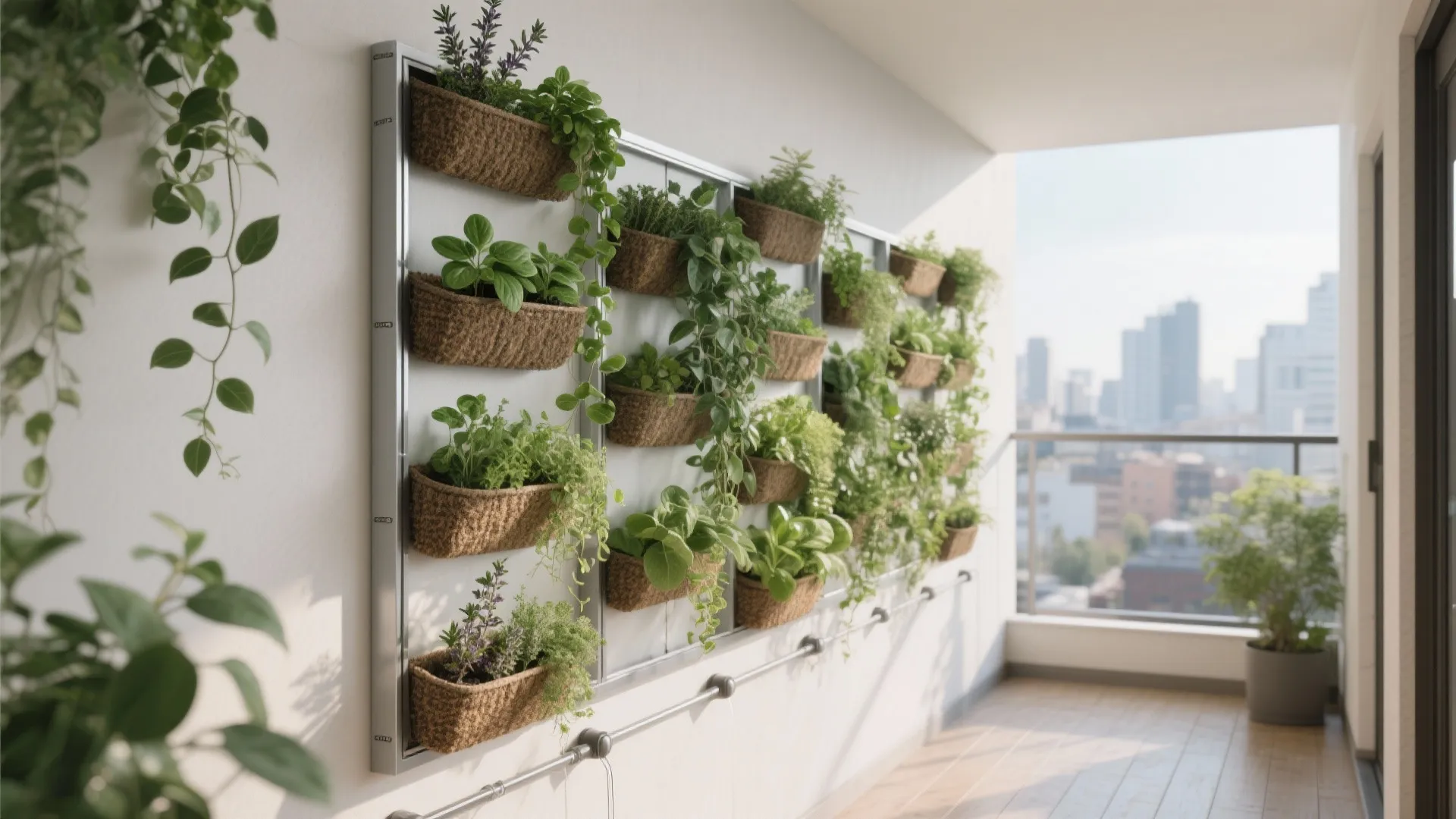 Modern balcony with many green plants in small brown baskets hanging on a white wall