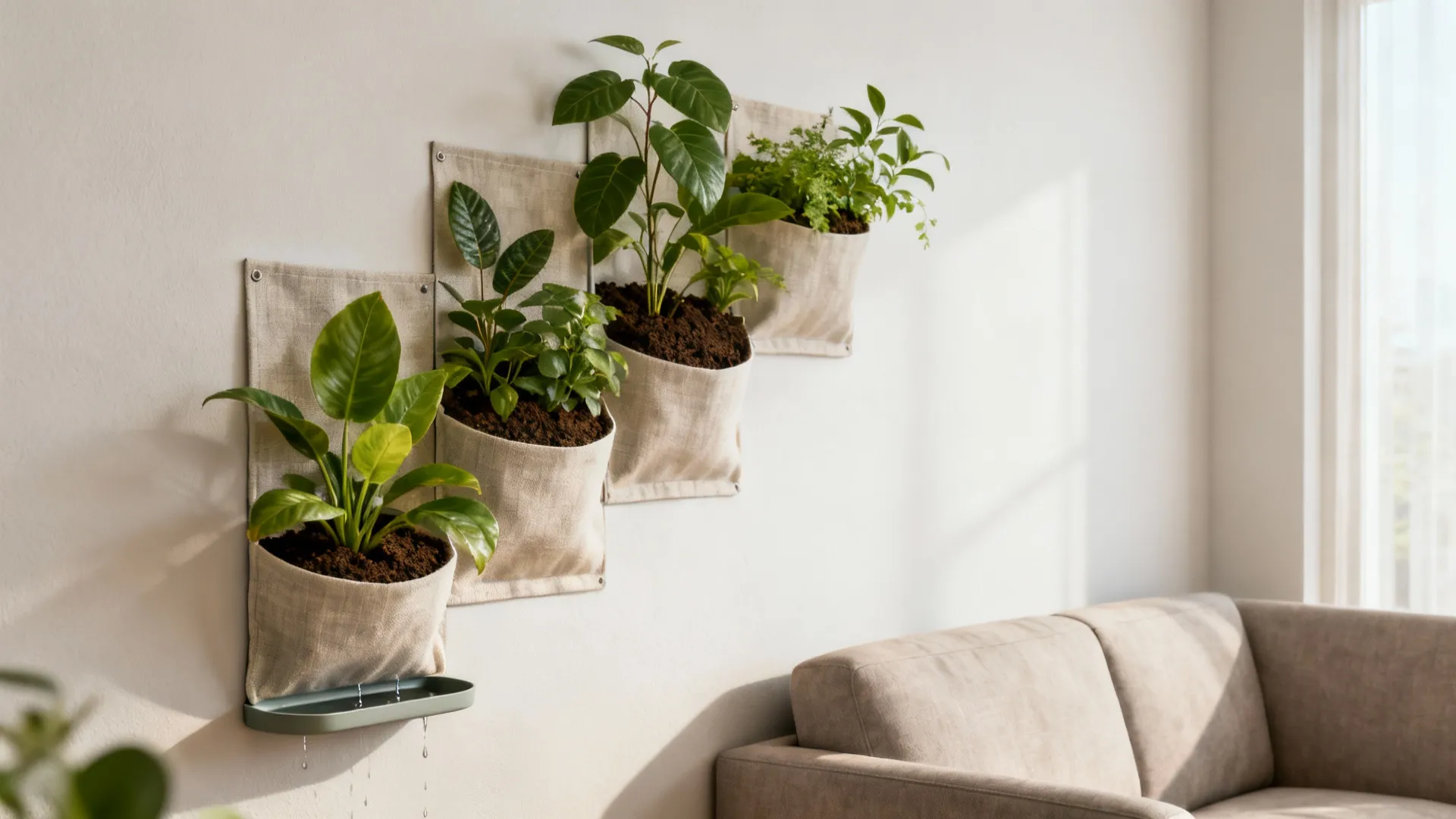 Vertical green wall of shallow planters in a small living room with drip tray and neutral furnishings.