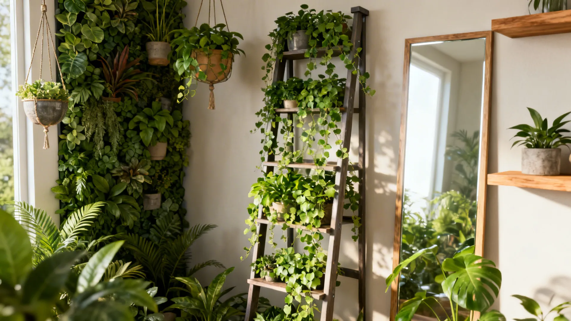 Corner with vertical green wall, hanging planters and ladder shelf filled with plants and a mirror.