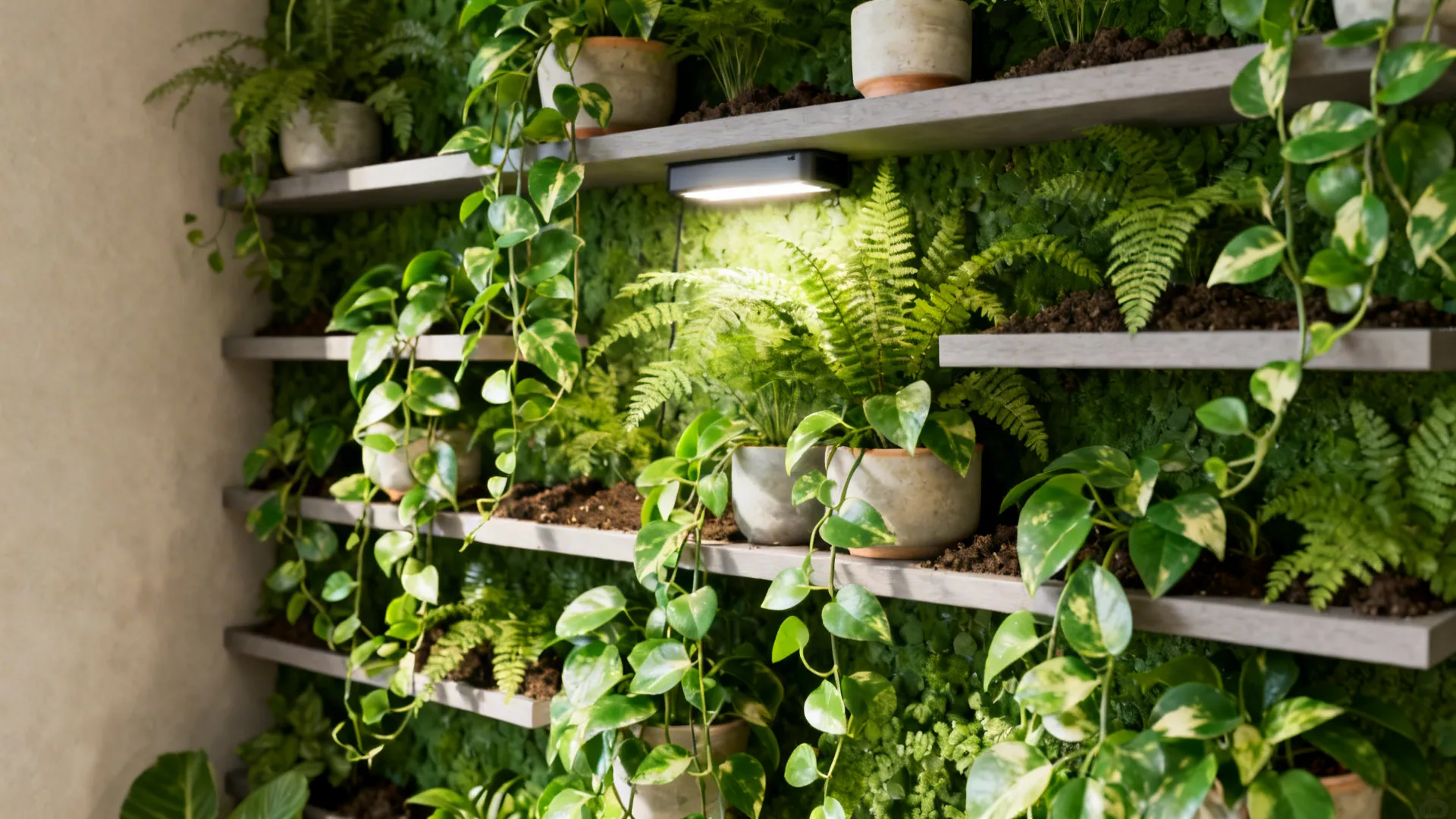 Indoor vertical garden wall with green plants on wooden shelves and small light fixture illumination