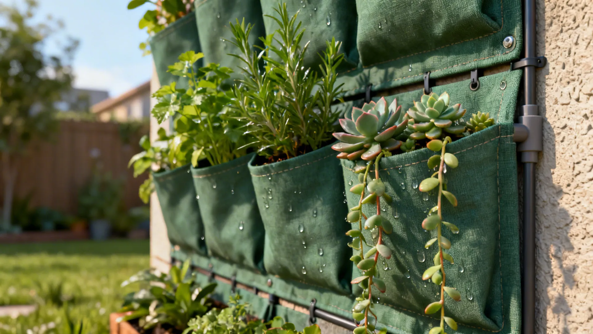 Modular living wall with pocket planters and integrated drip irrigation in a small front yard.