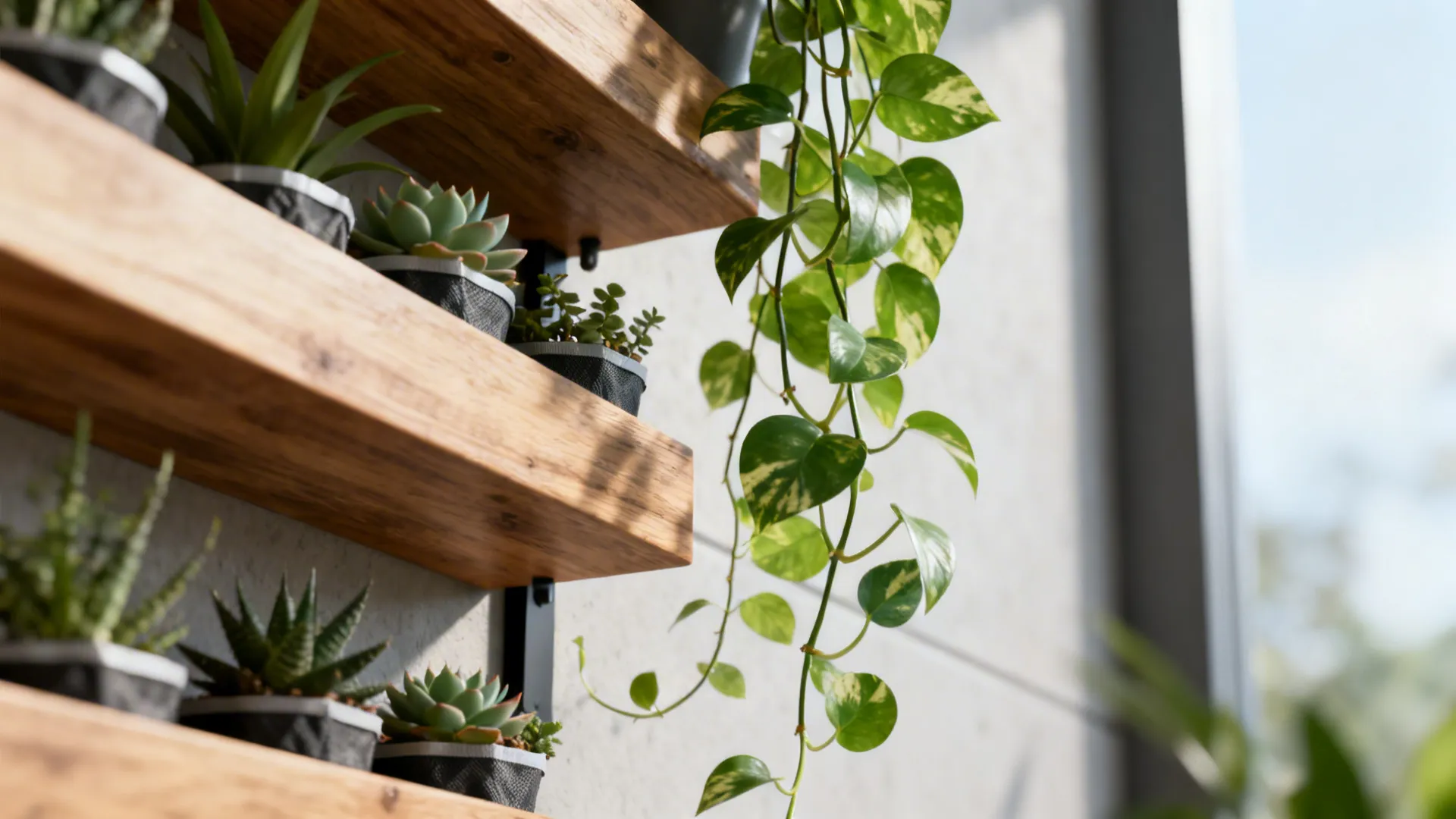 Slim vertical planting system with hanging pothos and succulents on staggered shelves, showing liners.