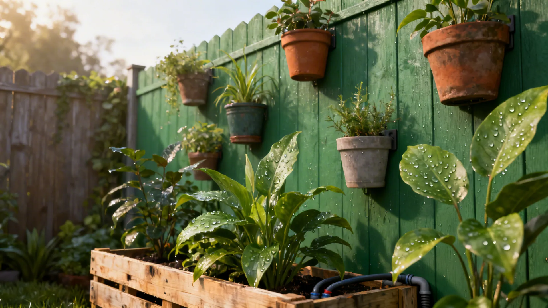 Vertical green wall with mixed wall-mounted pots and a pallet planter, showing lush plants and irrigation details.