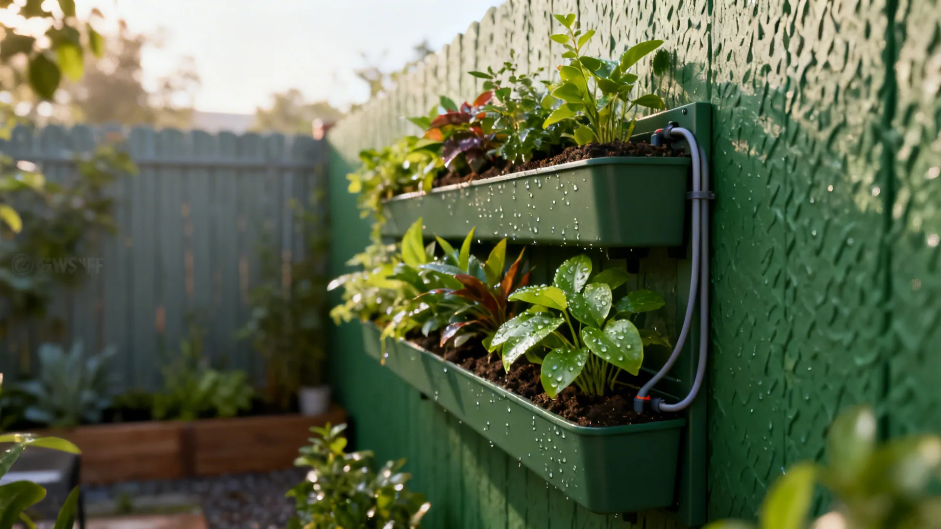 Vertical green wall with slim planters and drip irrigation in a small patio