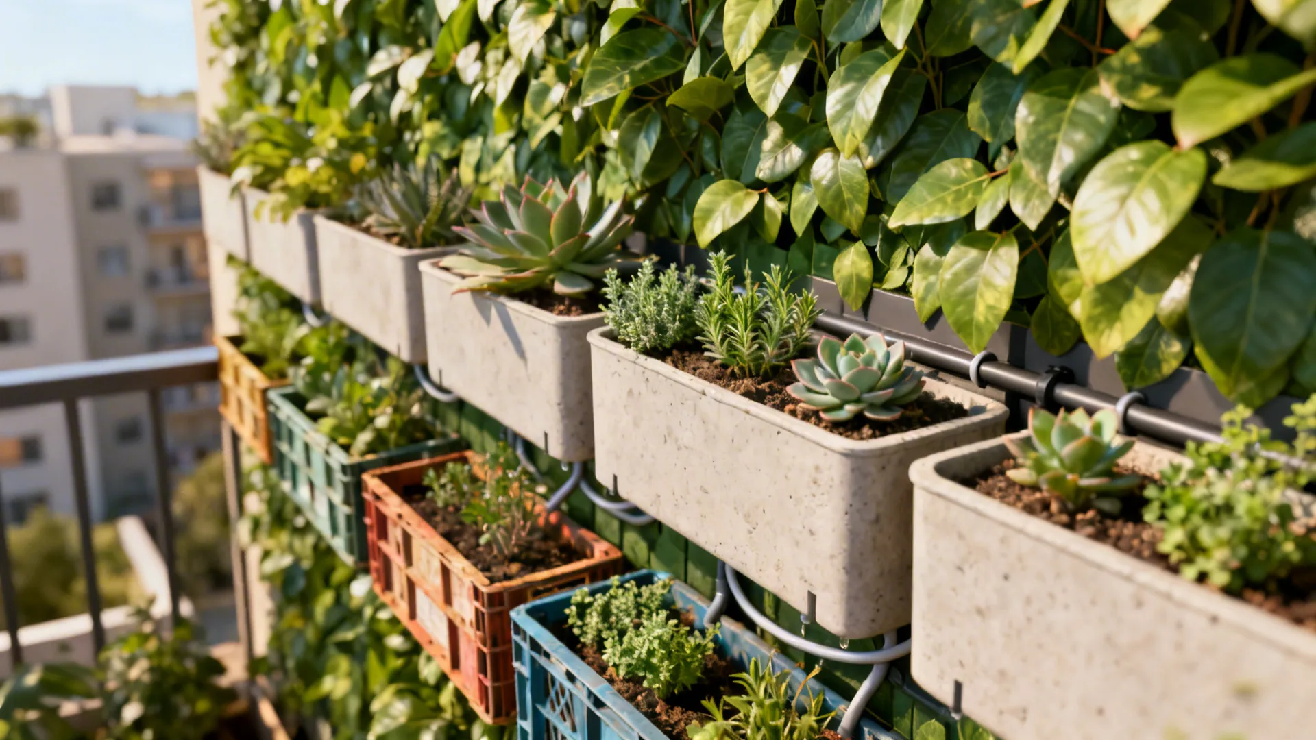 Vertical balcony garden with green plants growing in grey and colorful pots on a wall