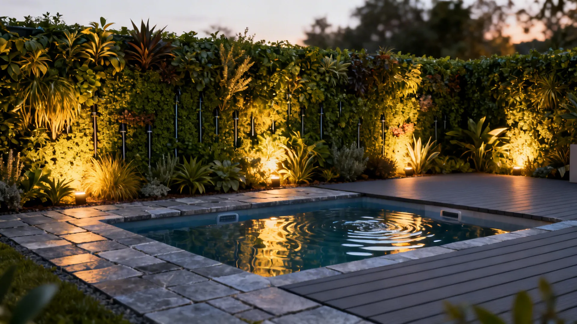 Small patio hot tub with a lush vertical green wall providing a spa-like, private backdrop.
