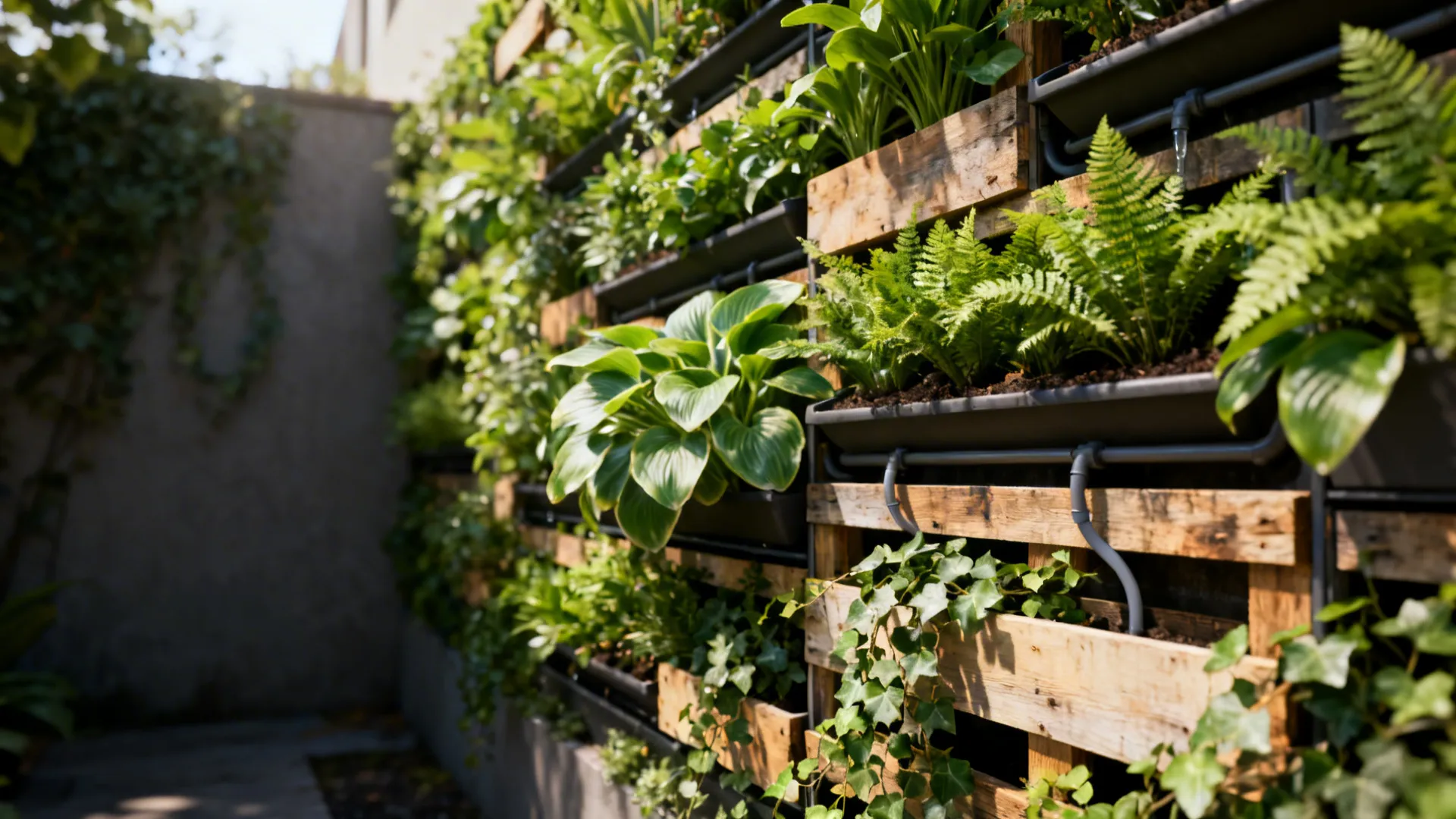 Close-up of vertical living wall with narrow planters and integrated drip irrigation.