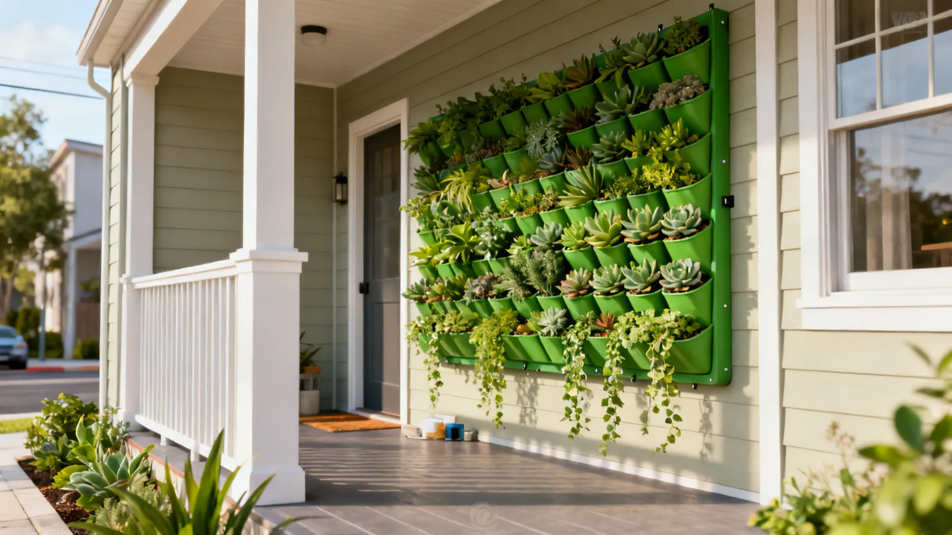 Compact porch with a modular vertical green wall of pocket planters and minimal floor space use.