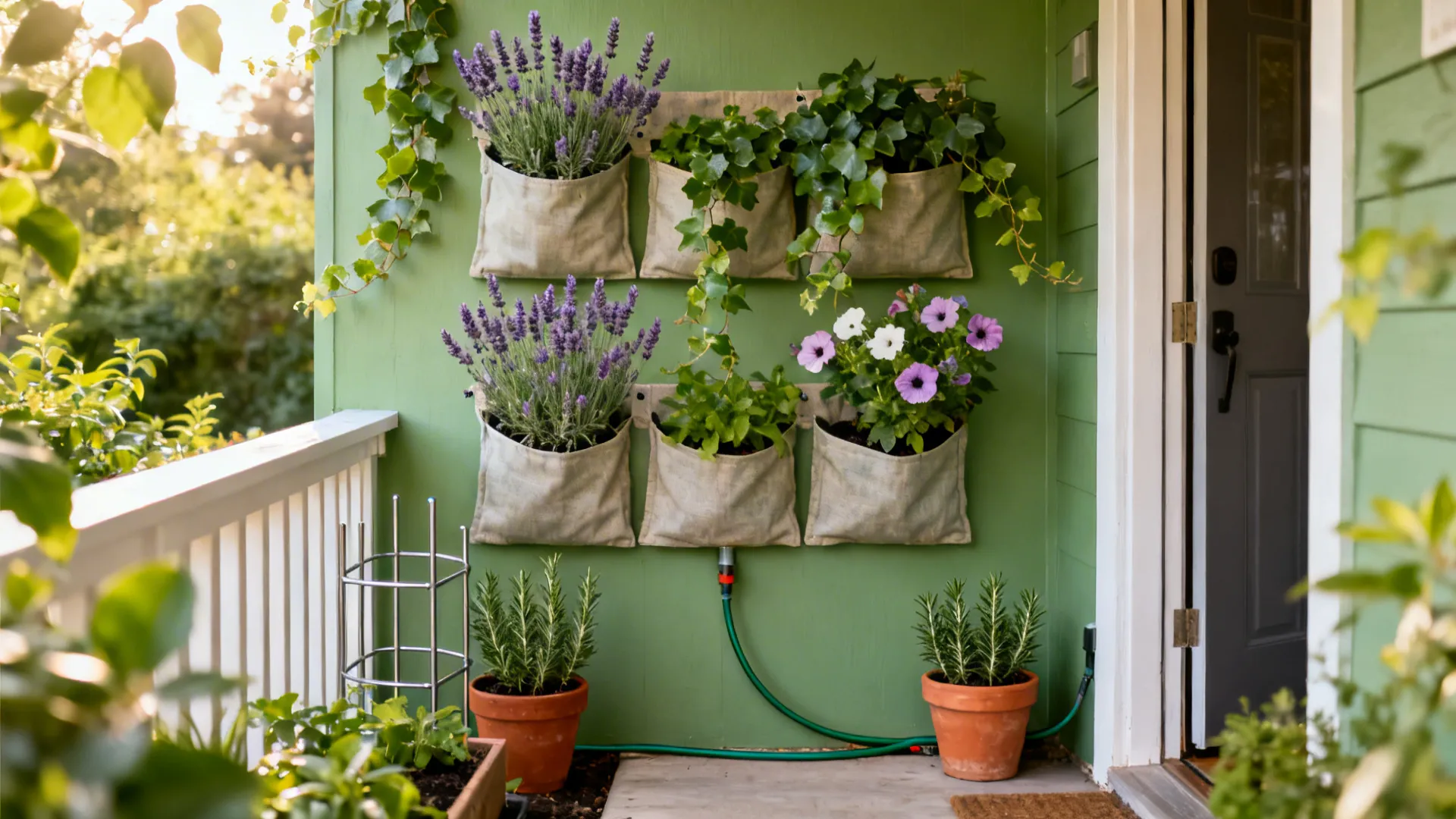 Vertical pocket planter wall with lavender, ivy and petunias on a small porch.
