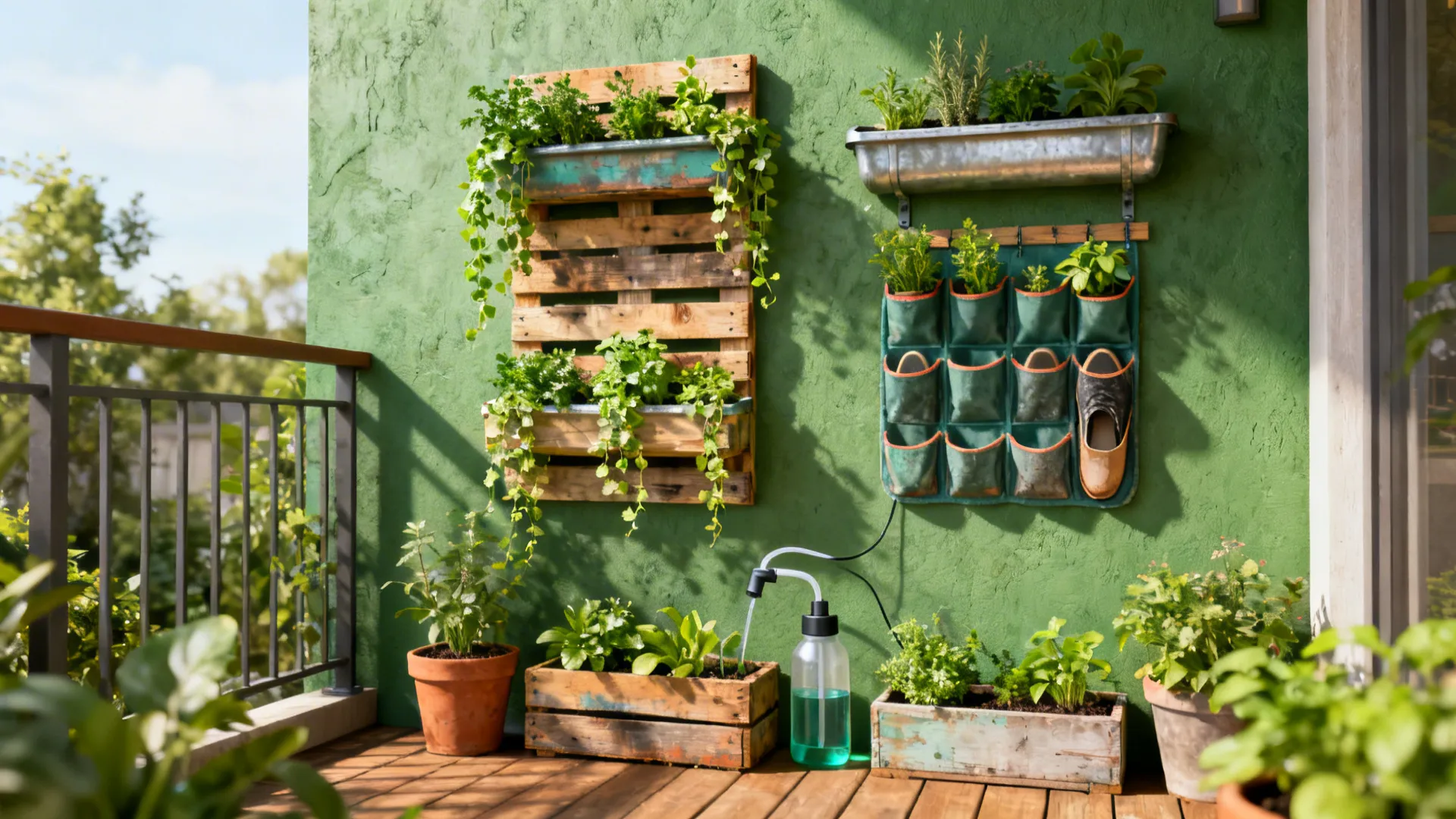 Vertical green wall of recycled planters with herbs and a simple drip irrigation system.