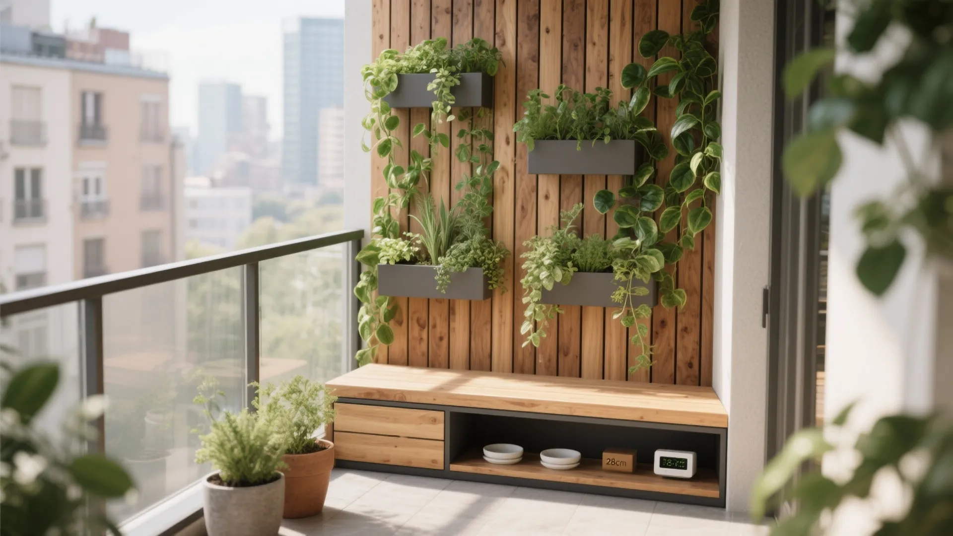 Small balcony with cedar slat green wall and slim storage bench, layered plants and clear circulation.