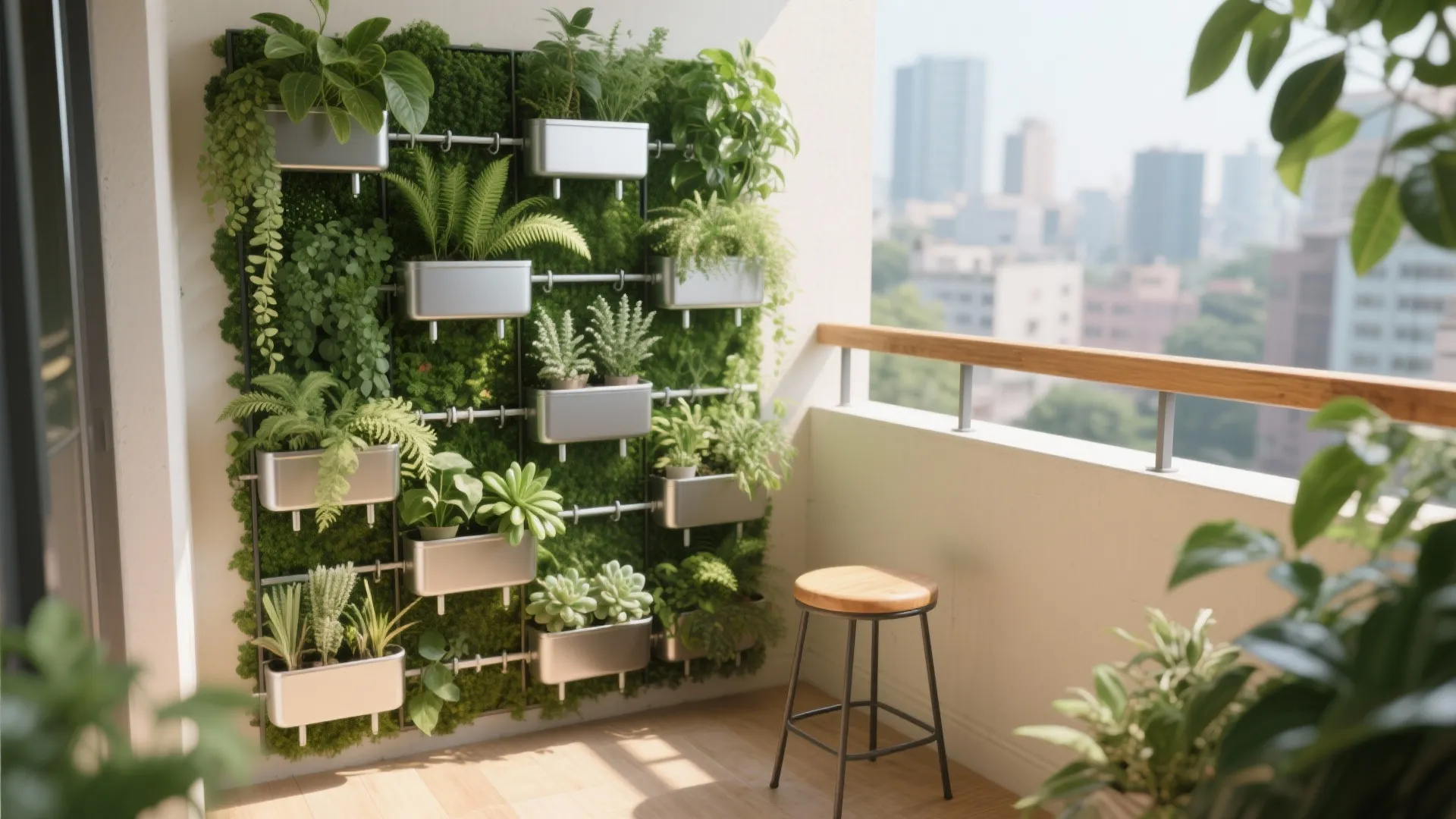 Balcony wall panel with hanging metal planters filled with various green plants and wooden stool