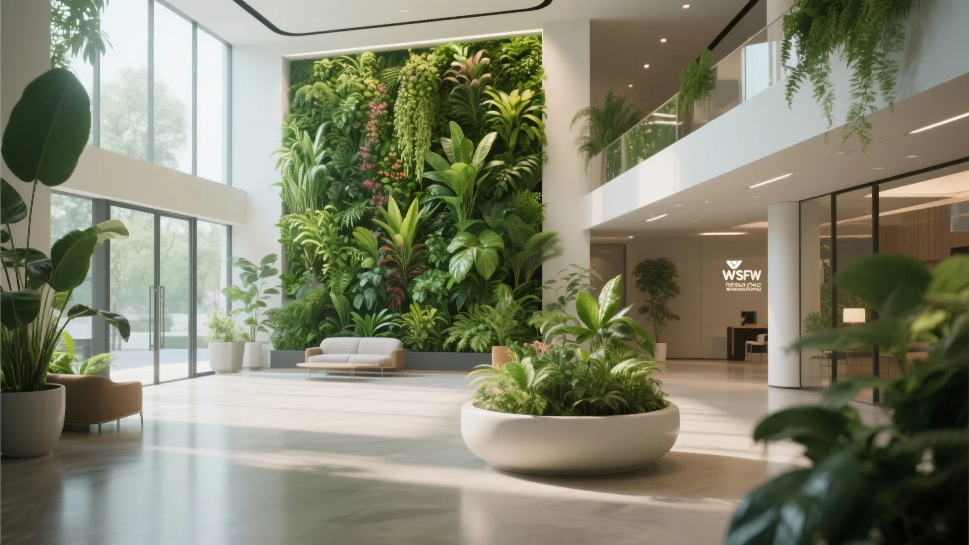 Large open lobby featuring tall green plant wall and potted plants near sofa and windows