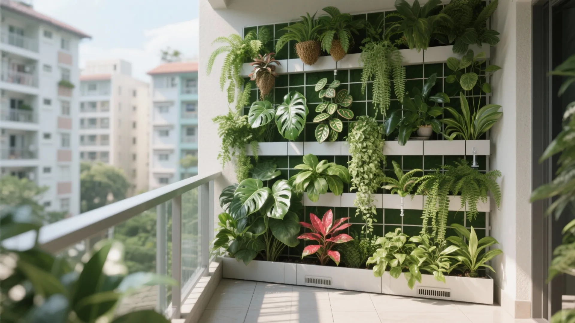 Vertical green wall on a Singapore balcony with layered tropical plants and drip irrigation.