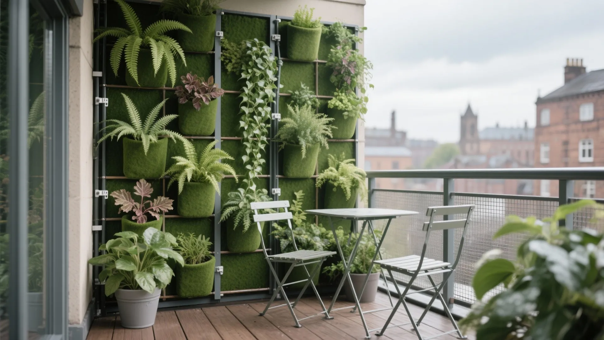 Outdoor balcony featuring a vertical green plant wall with small metal table and two chairs