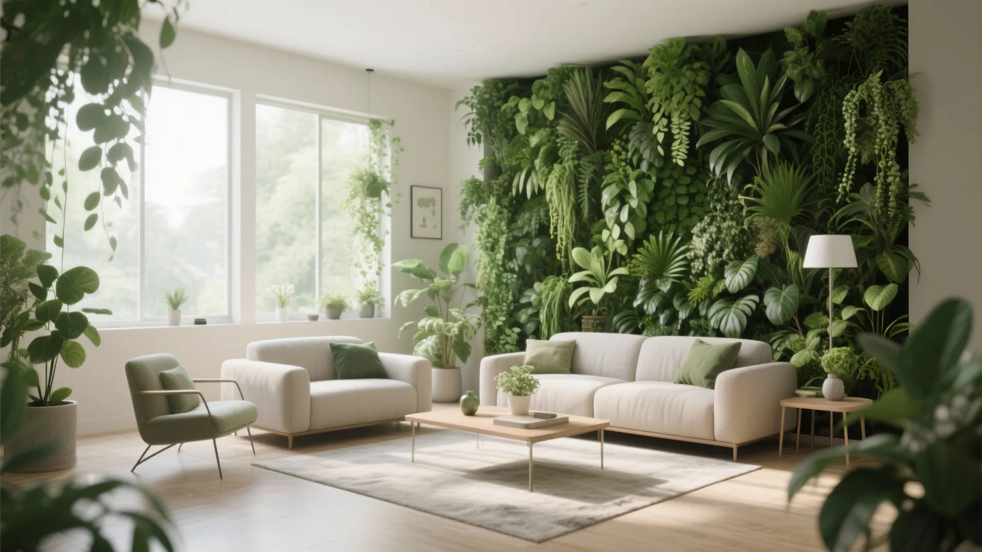 Bright living room with white sofas green chair and a large wall covered in plants
