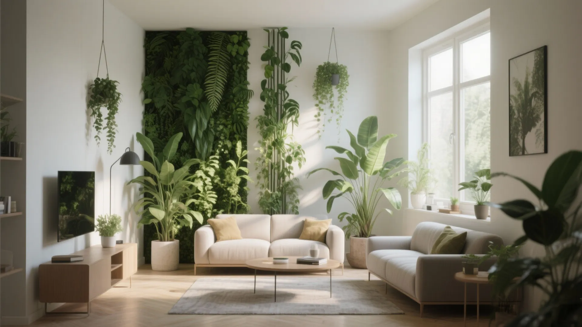Bright living room with white sofas coffee table and a large green vertical plant wall