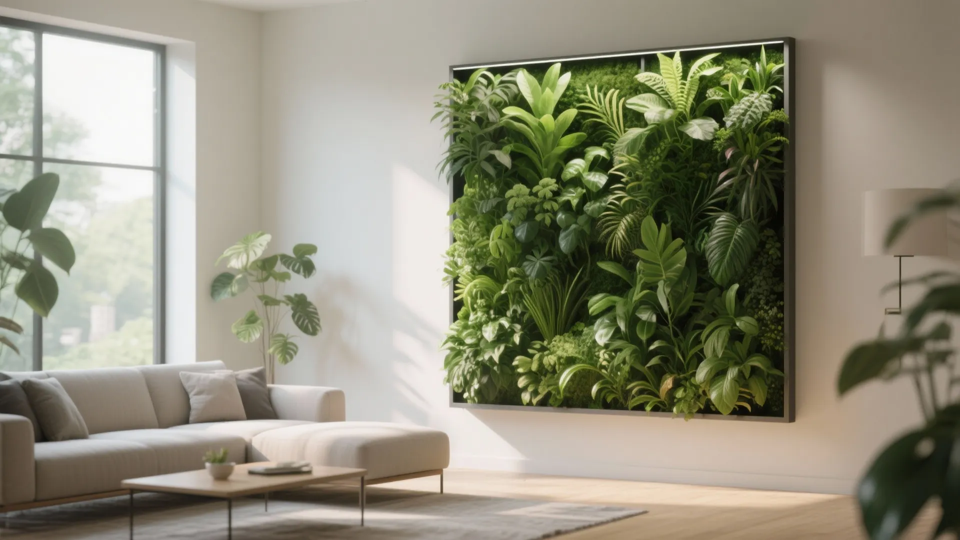 Interior design drawing with green plant wall behind a white sofa in a sunny room