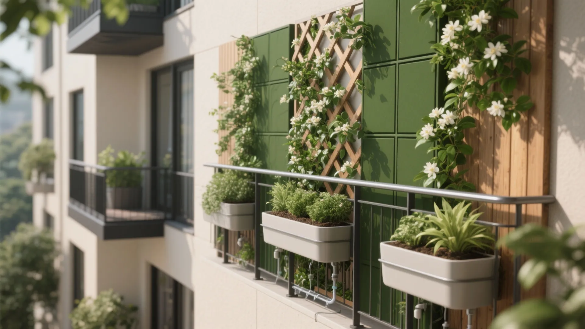 Apartment balcony wall with green panels and white flowers on wooden trellis with metal planters