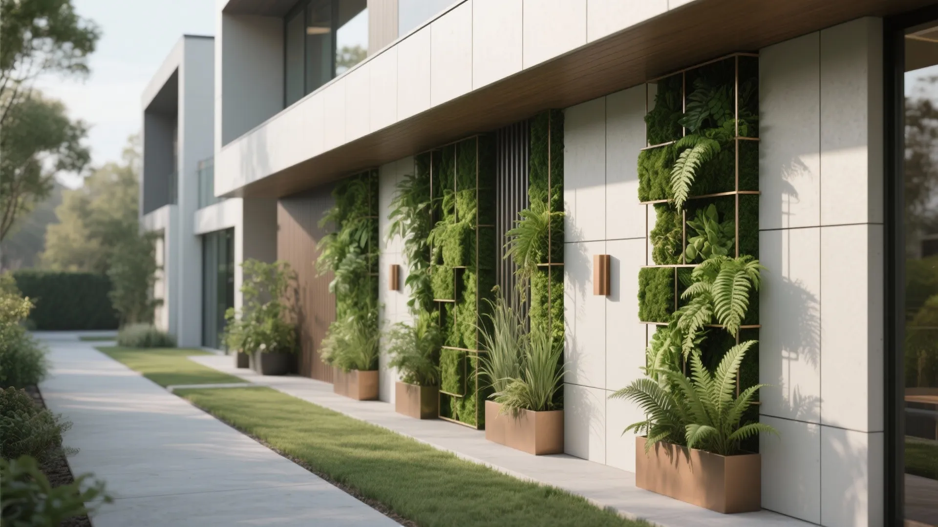 Modern building exterior with green plants in wall planters along a clean white garden path