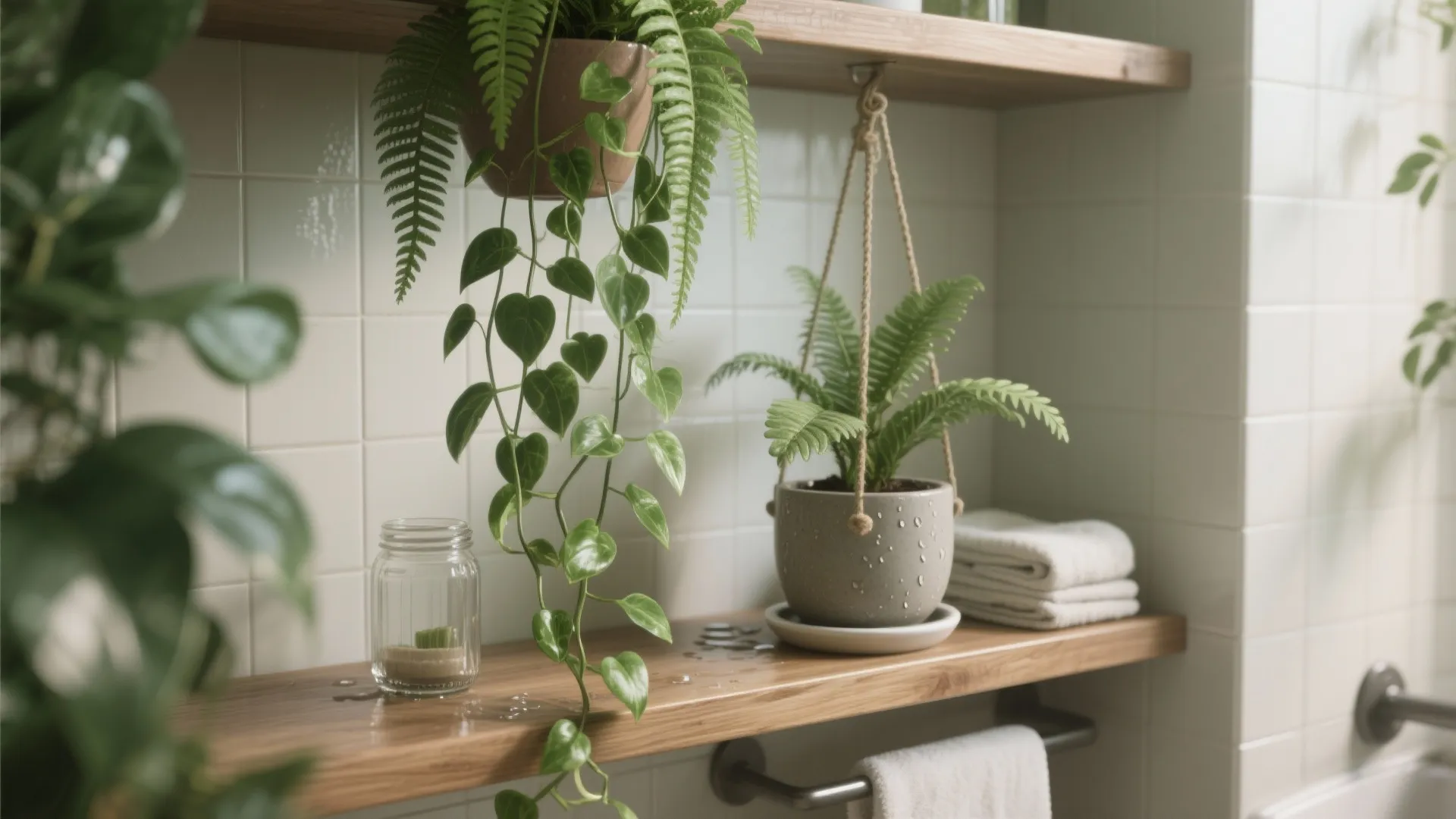 Bathroom shelf styled with pothos and Boston fern on sealed wood shelves, bringing humidity-loving greenery into the space.
