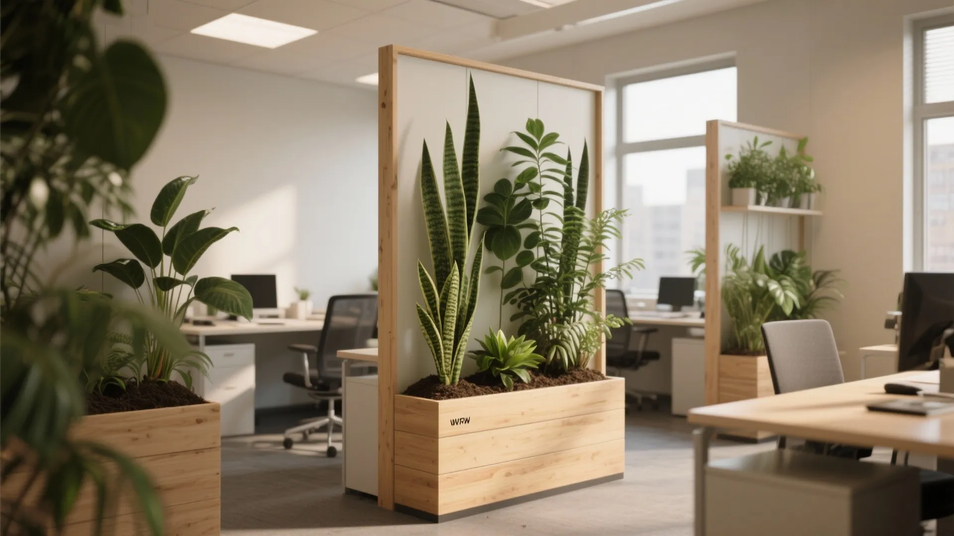 Wooden room divider with vertical green plants separating workstations in a bright modern office design layout