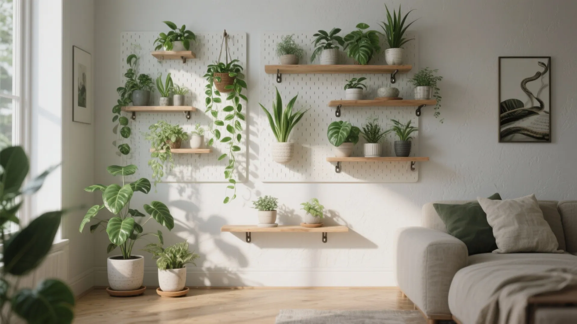 Bright indoor vertical garden with various green plants on white pegboard shelves near grey sofa