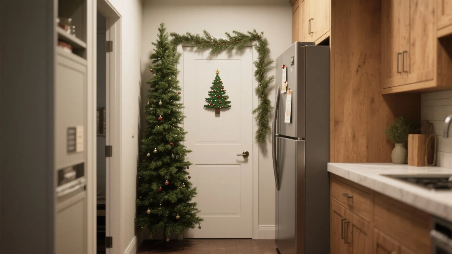 Kitchen hallway decorated for Christmas with a tall green tree and greenery around the door