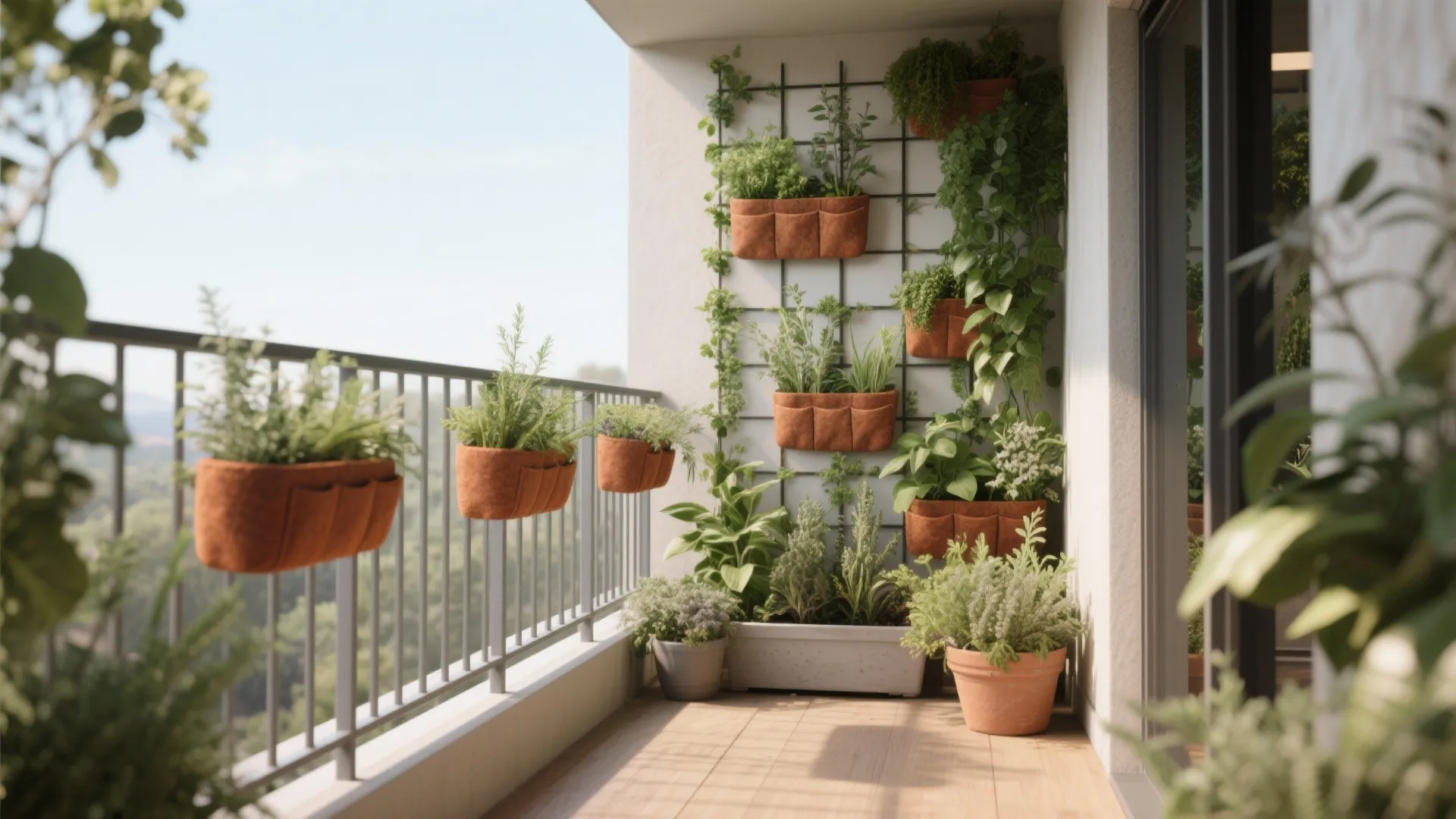 Small balcony with vertical garden wall planters hanging pots on railing and wooden floor design