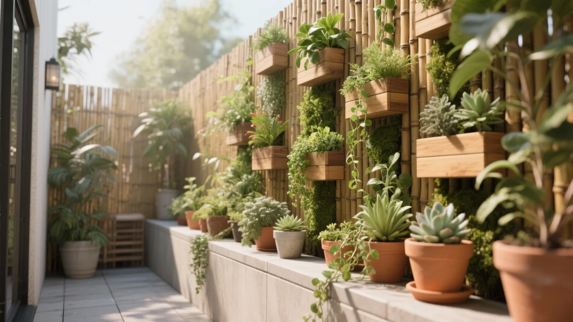Vertical garden with wooden boxes and potted green plants on a bamboo wall outdoor patio