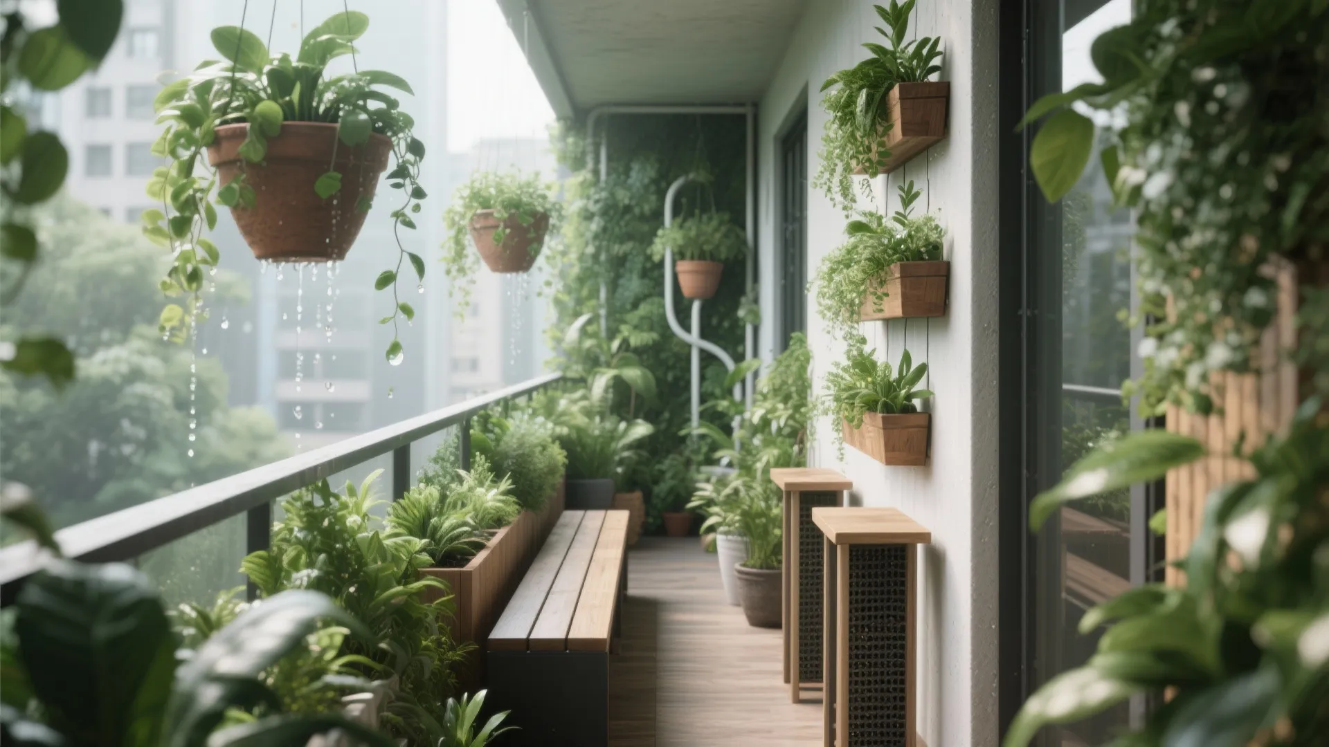 Modern balcony garden with green plants in wooden wall boxes and hanging pots with rainwater