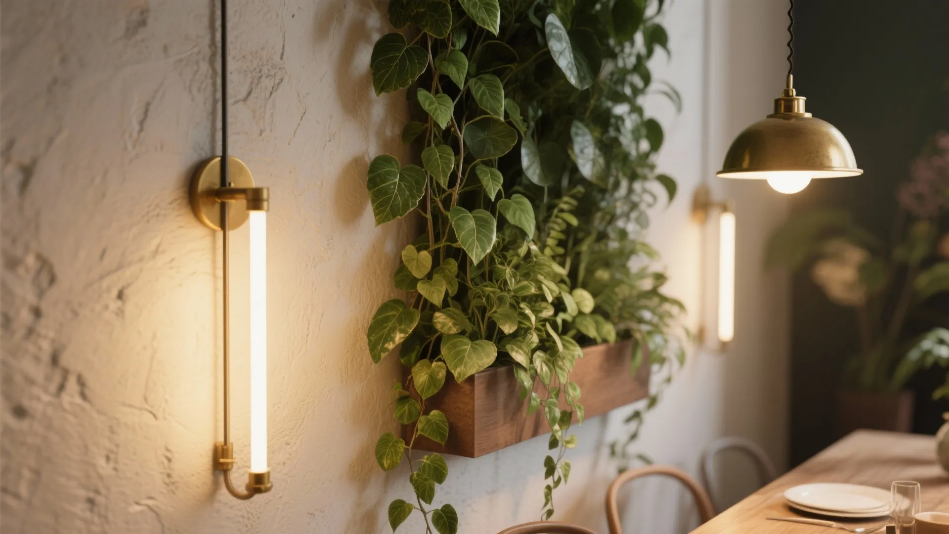 Modern dining room interior with vertical green plant wall wood planter brass wall light fixture