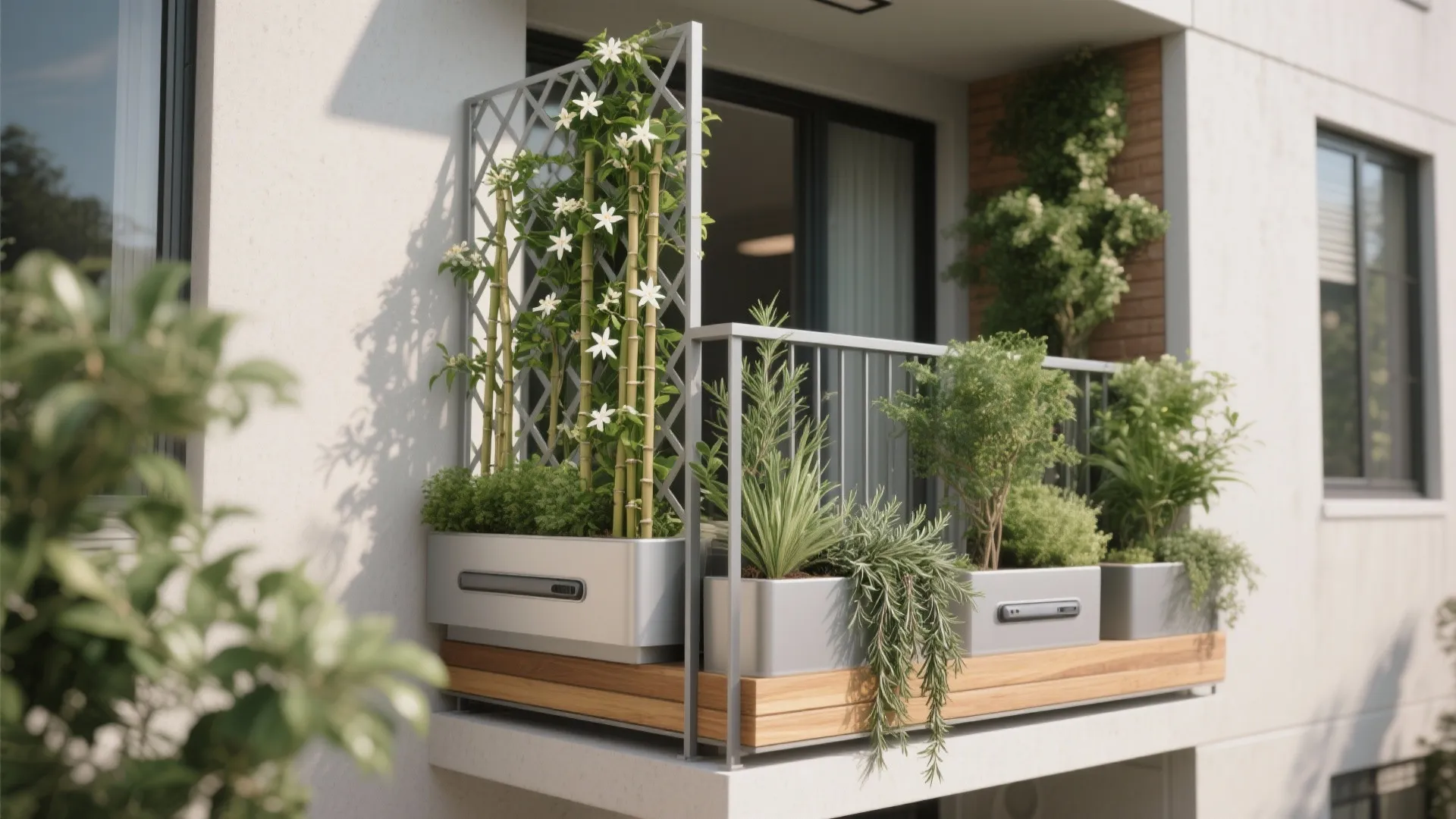 Modern balcony featuring vertical green plants in grey planters with a wooden base and trellis