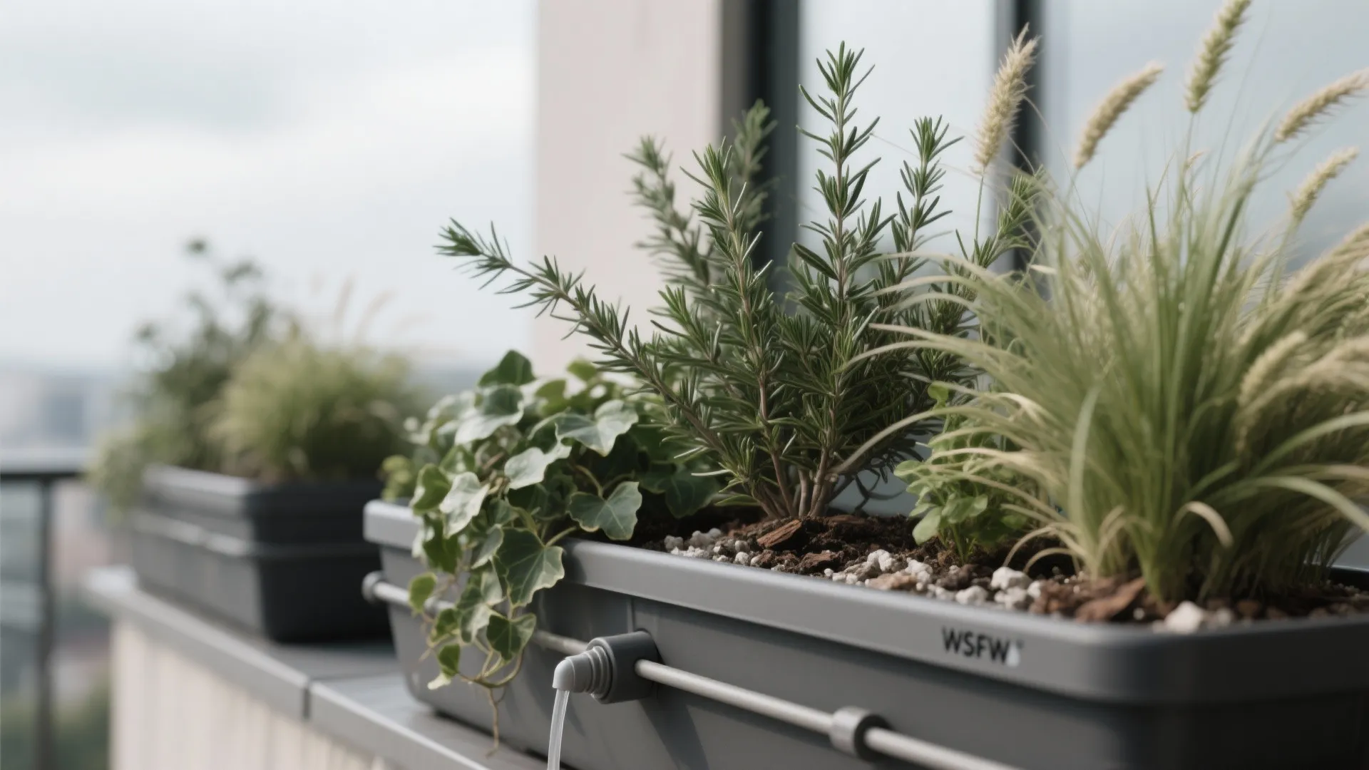 Close up of balcony planter boxes with green plants and integrated watering system on apartment ledge