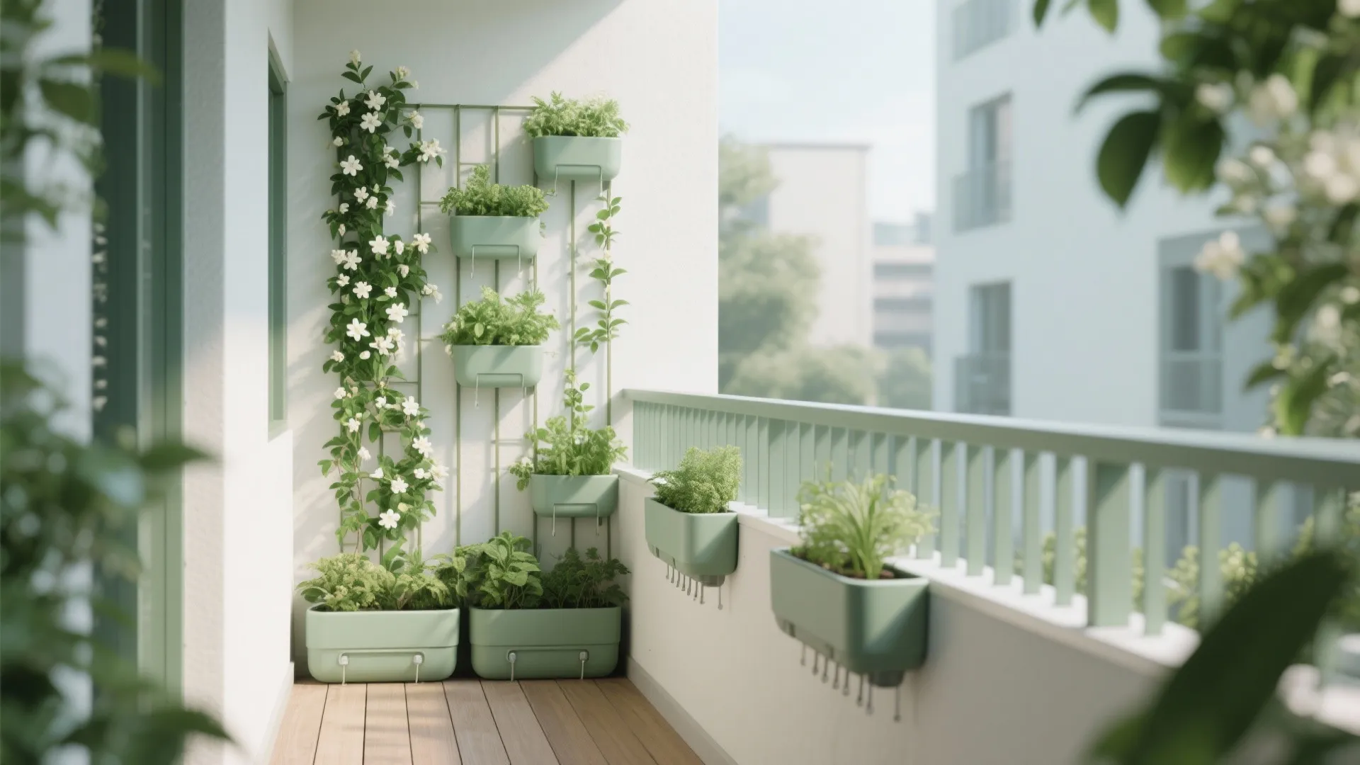 Apartment balcony with white flowers climbing a wall grid and many green plants in pots