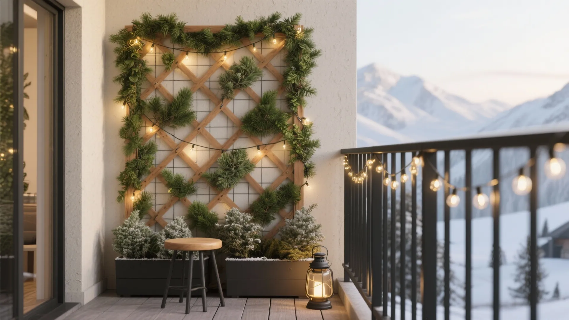 Balcony featuring wooden wall panel with pine greenery, string lights, stool, lantern, and snowy mountains