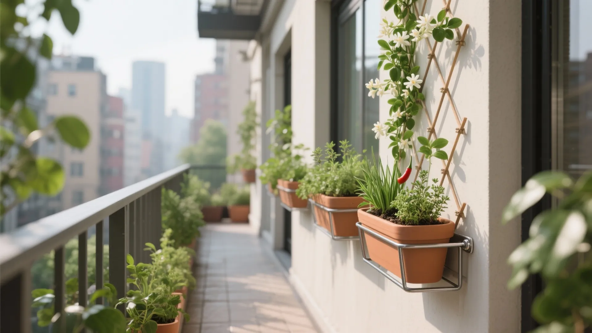 2) Vertical Greenery That Works (Rail Planters + Wall Trellises)
