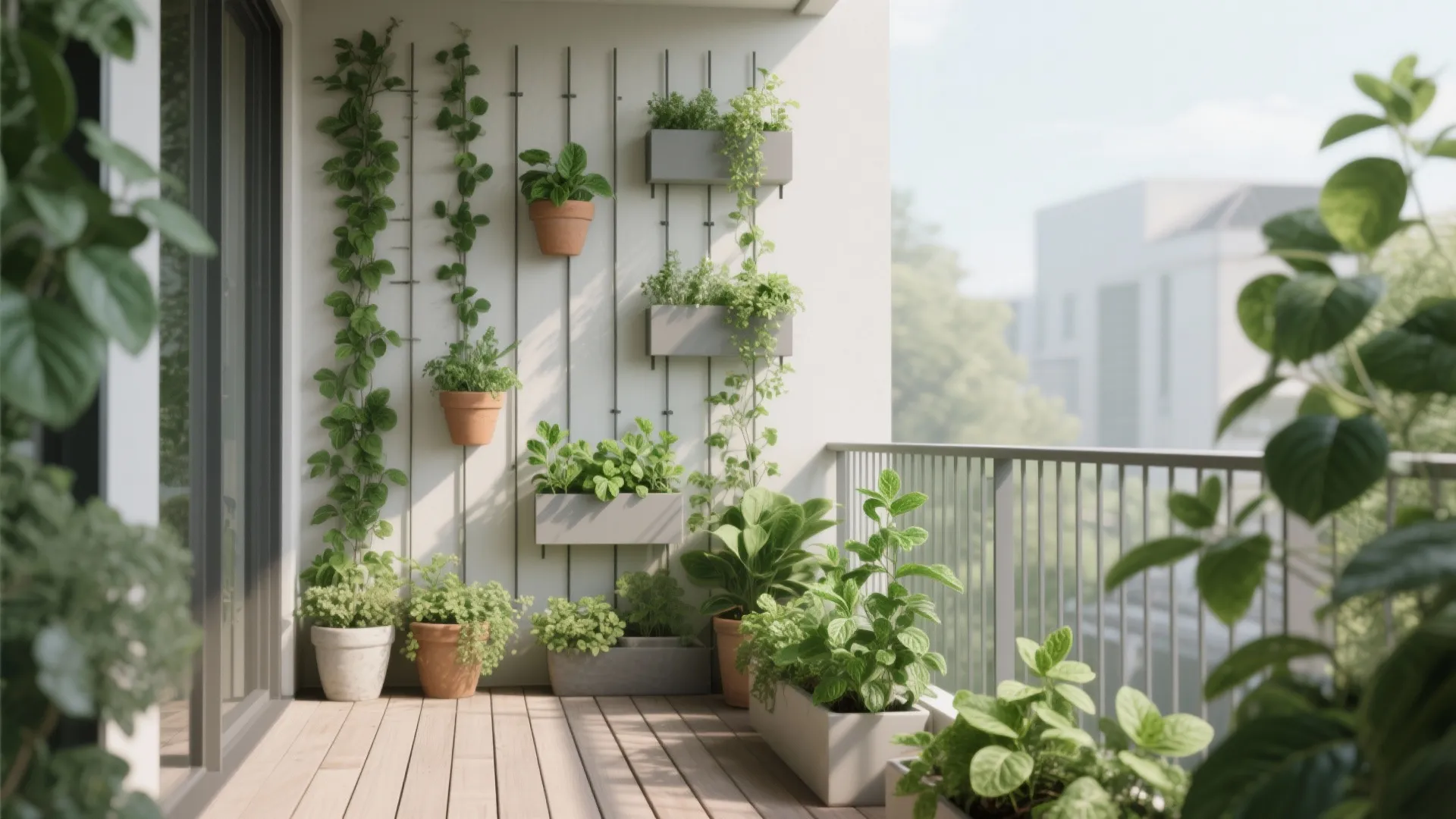 Back balcony with trellises, wall pots, and rail planters in staggered heights for privacy and legroom.