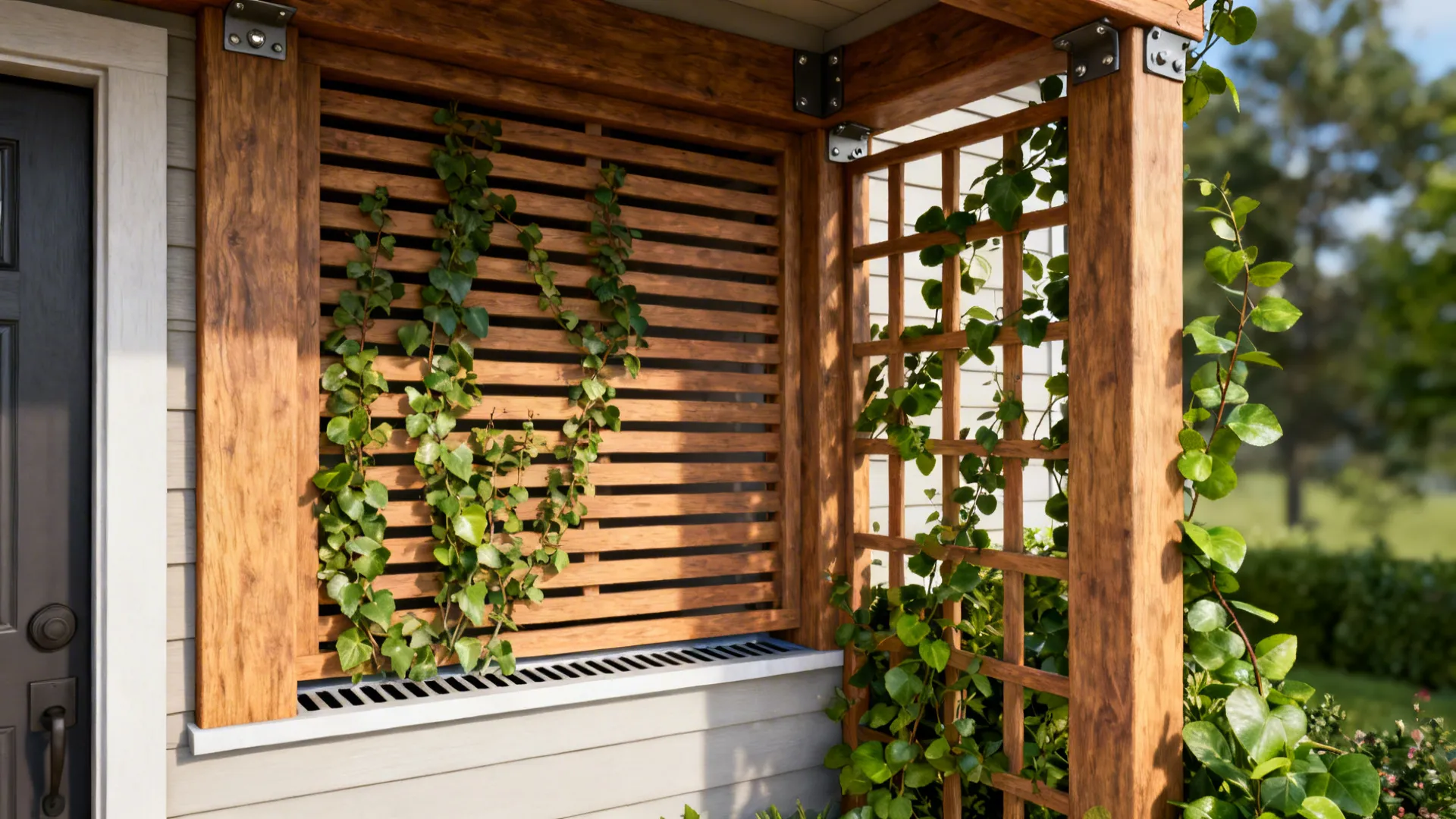 Slatted wood screen and freestanding trellis with cascading plants creating privacy and texture by the entry.